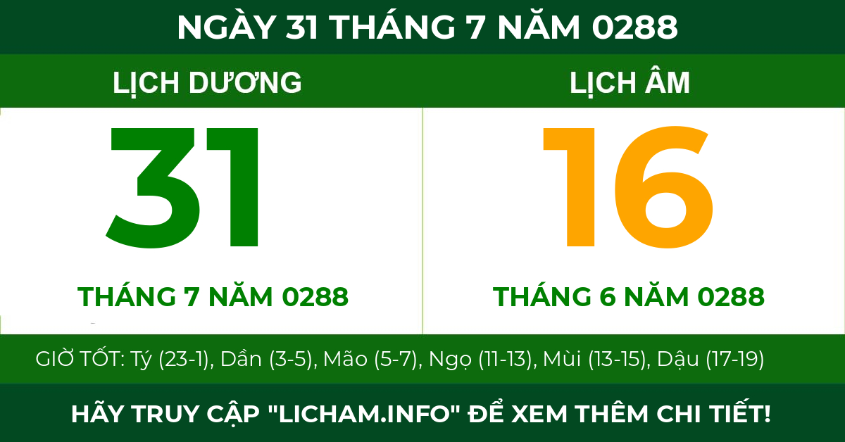 lịch âm ngày 31 tháng 7 năm 0288