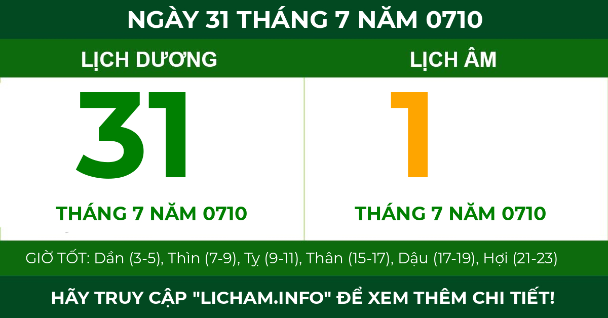 lịch âm ngày 31 tháng 7 năm 0710