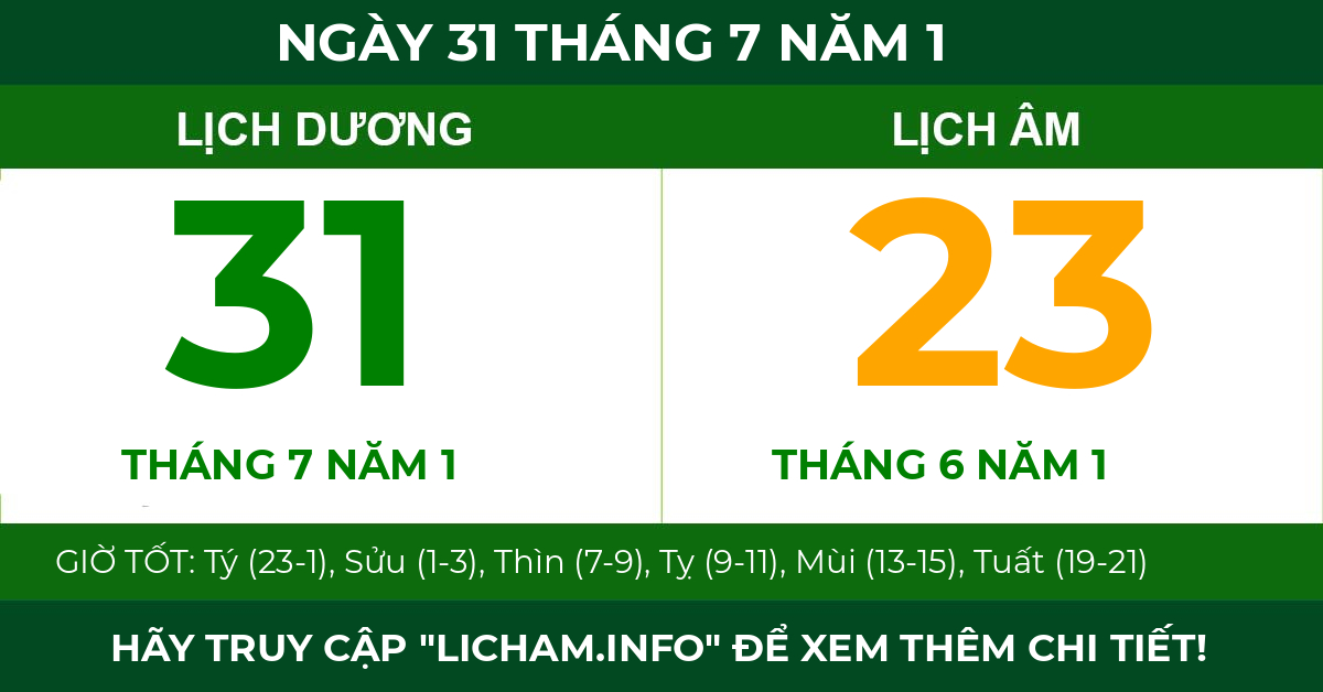 lịch âm ngày 31 tháng 7 năm 1
