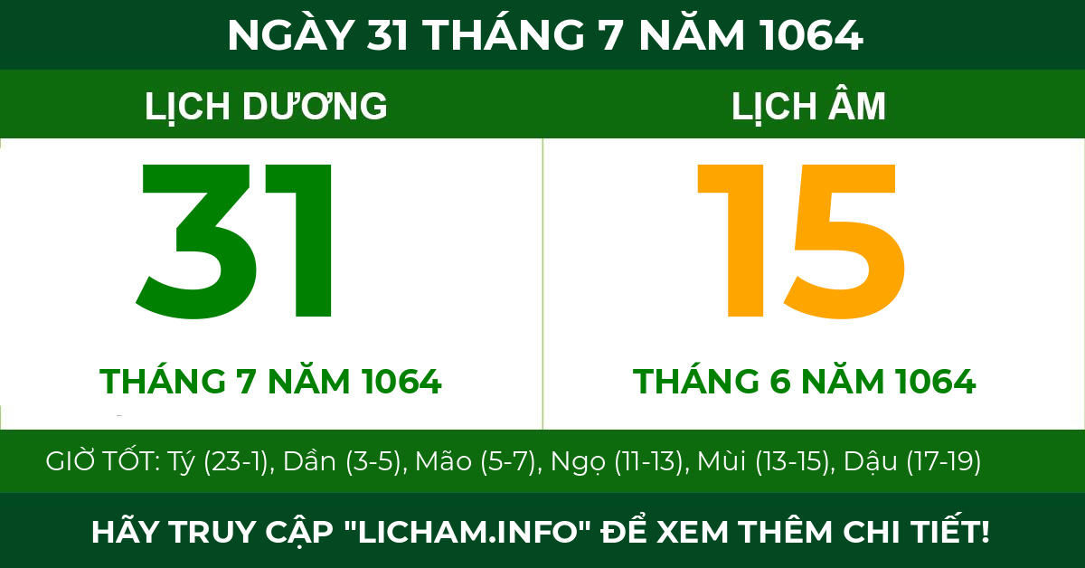 lịch âm ngày 31 tháng 7 năm 1064