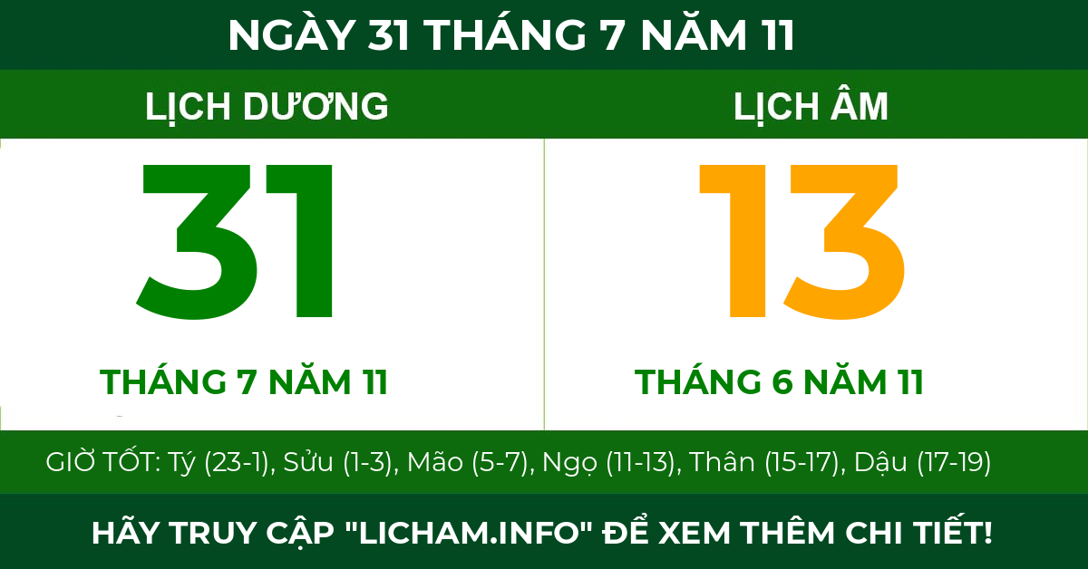 lịch âm ngày 31 tháng 7 năm 11
