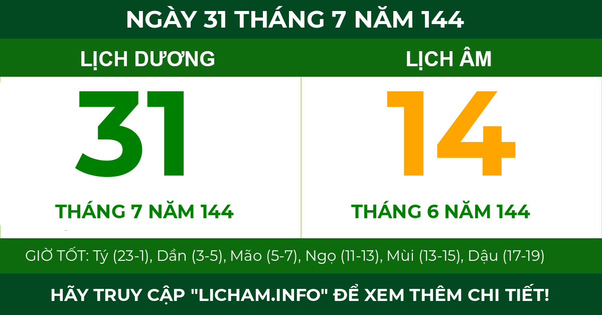 lịch âm ngày 31 tháng 7 năm 144