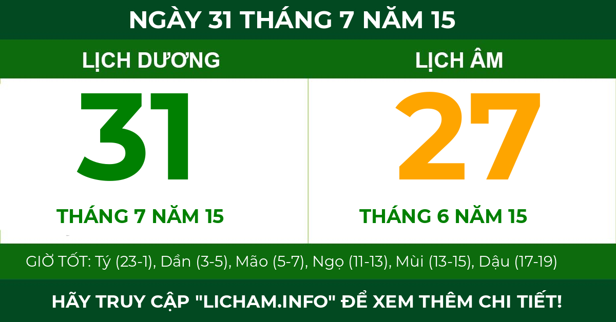 lịch âm ngày 31 tháng 7 năm 15