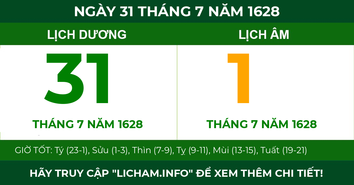 lịch âm ngày 31 tháng 7 năm 1628