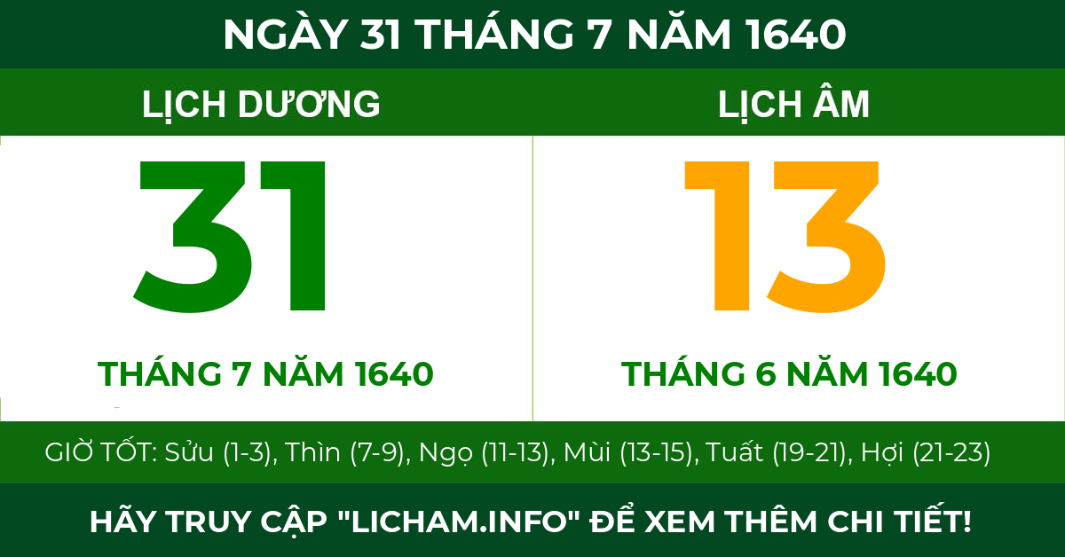 lịch âm ngày 31 tháng 7 năm 1640