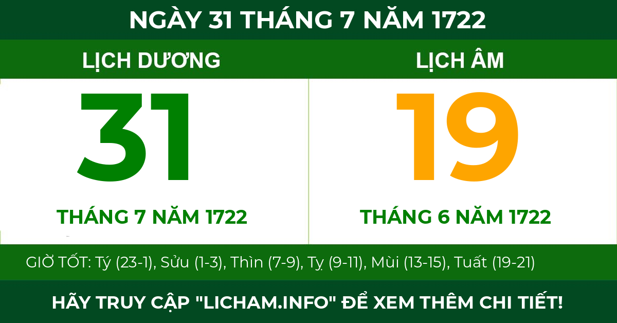 lịch âm ngày 31 tháng 7 năm 1722