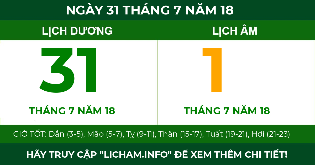 lịch âm ngày 31 tháng 7 năm 18
