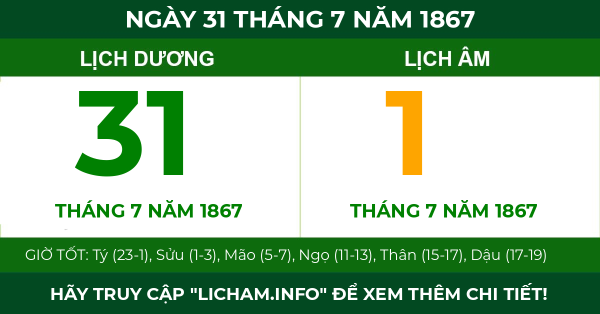 lịch âm ngày 31 tháng 7 năm 1867