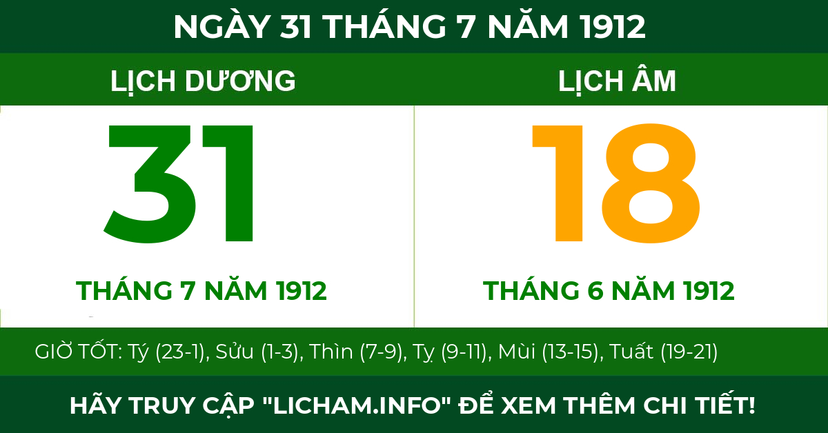 lịch âm ngày 31 tháng 7 năm 1912