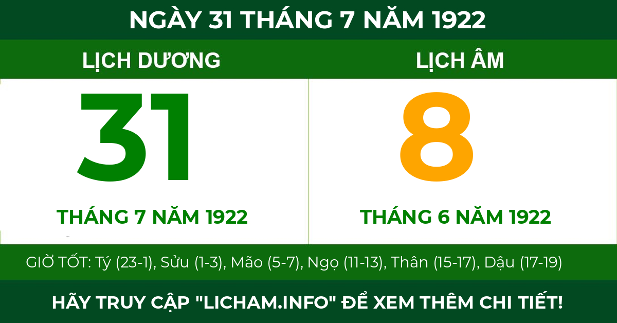 lịch âm ngày 31 tháng 7 năm 1922
