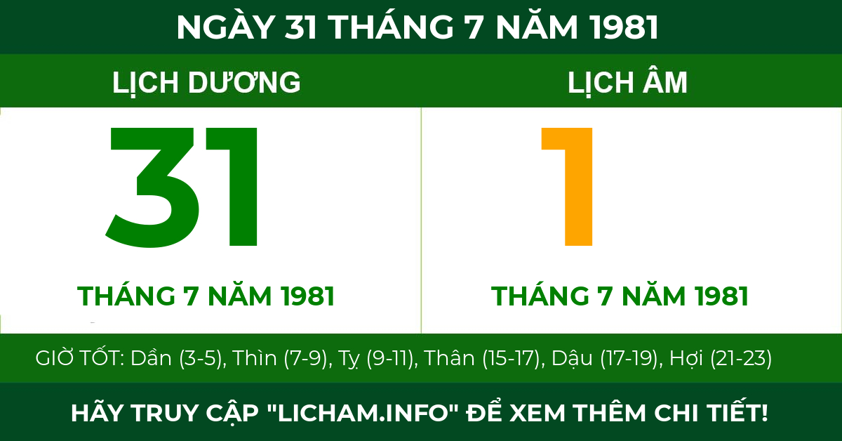 lịch âm ngày 31 tháng 7 năm 1981
