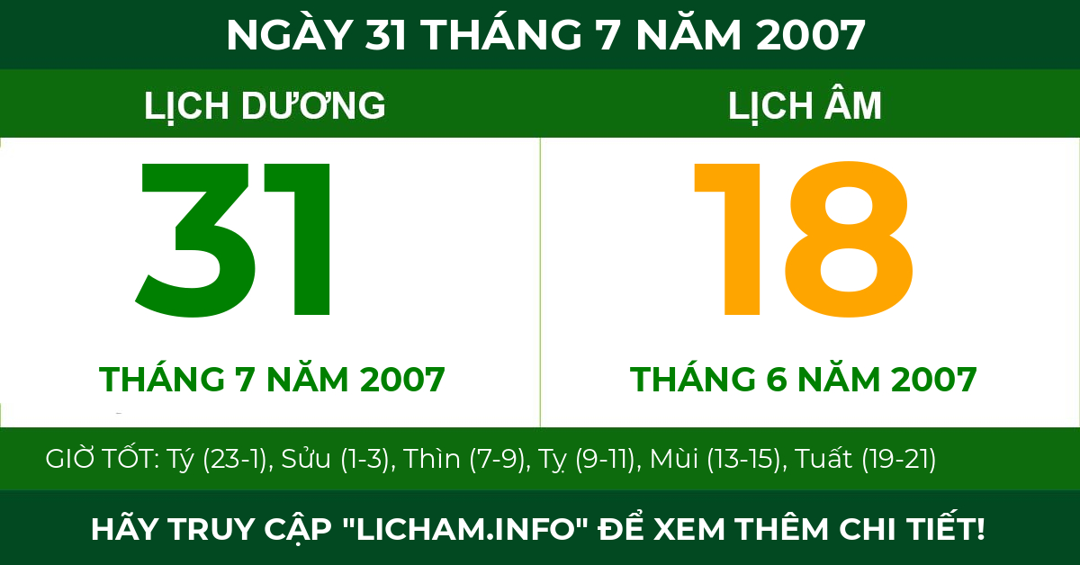 lịch âm ngày 31 tháng 7 năm 2007