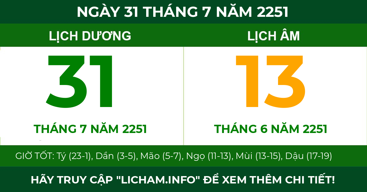 lịch âm ngày 31 tháng 7 năm 2251