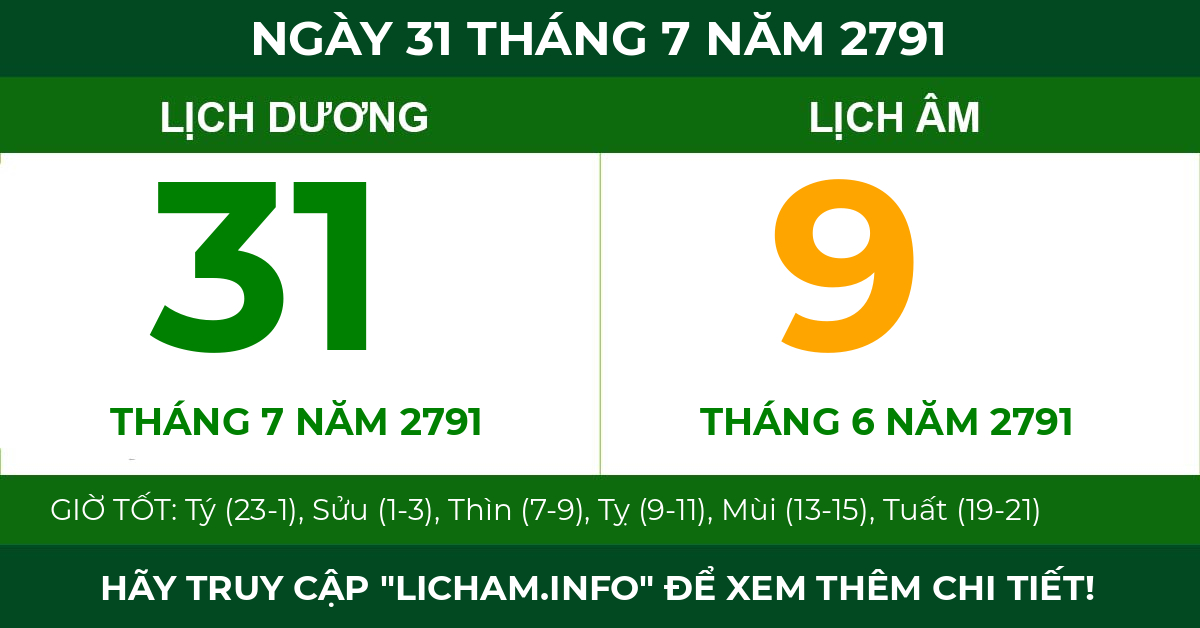 lịch âm ngày 31 tháng 7 năm 2791