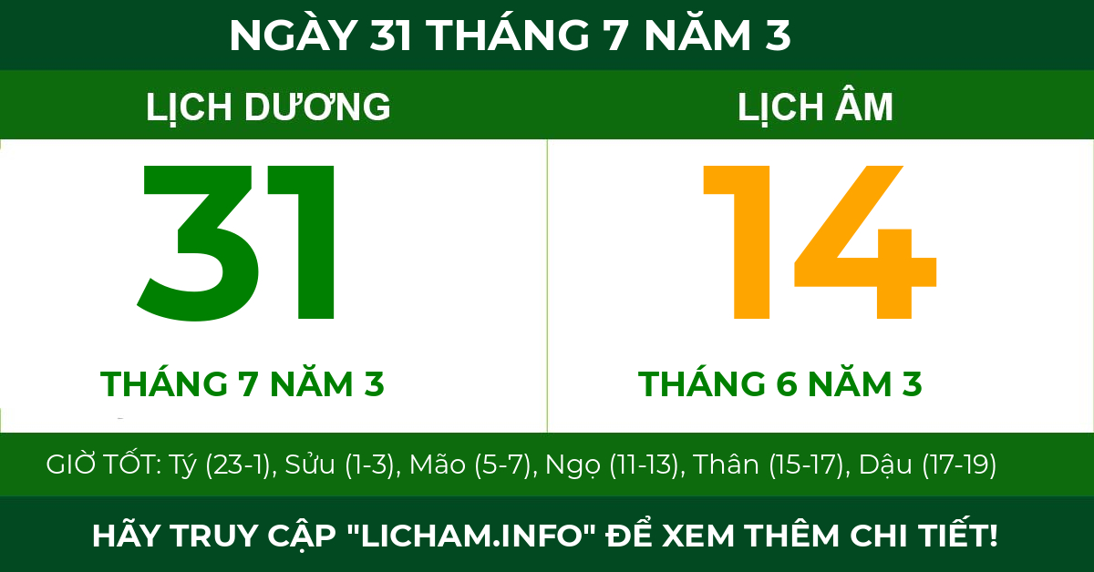 lịch âm ngày 31 tháng 7 năm 3