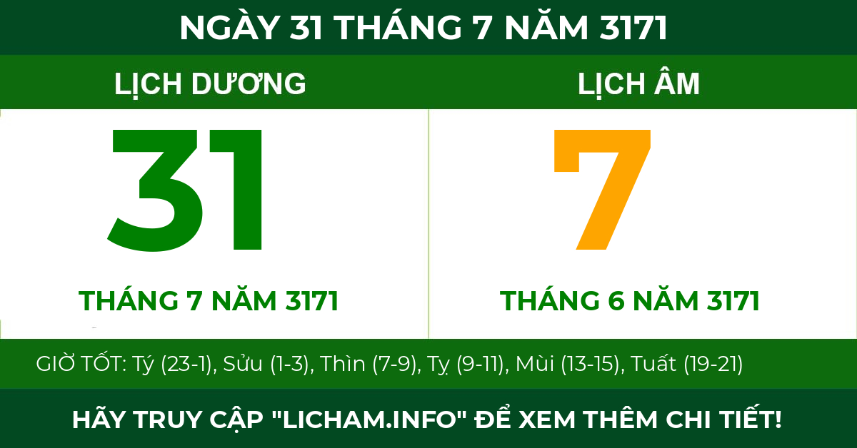 lịch âm ngày 31 tháng 7 năm 3171