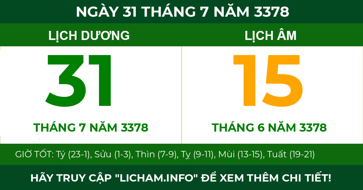 lịch âm ngày 31 tháng 7 năm 3378