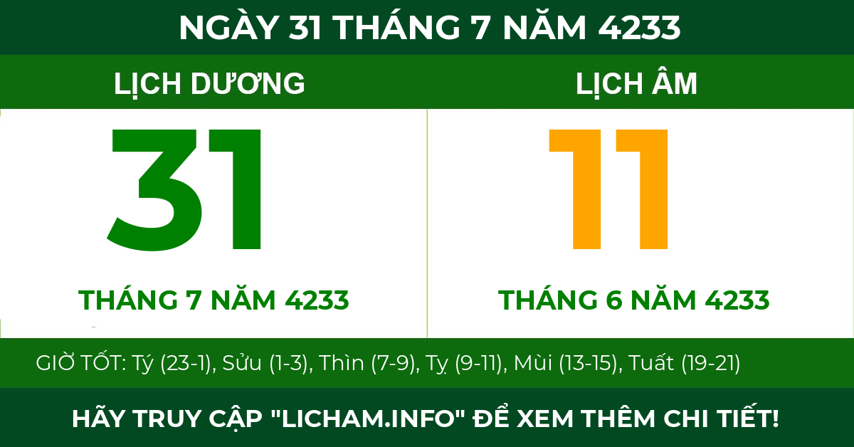 lịch âm ngày 31 tháng 7 năm 4233