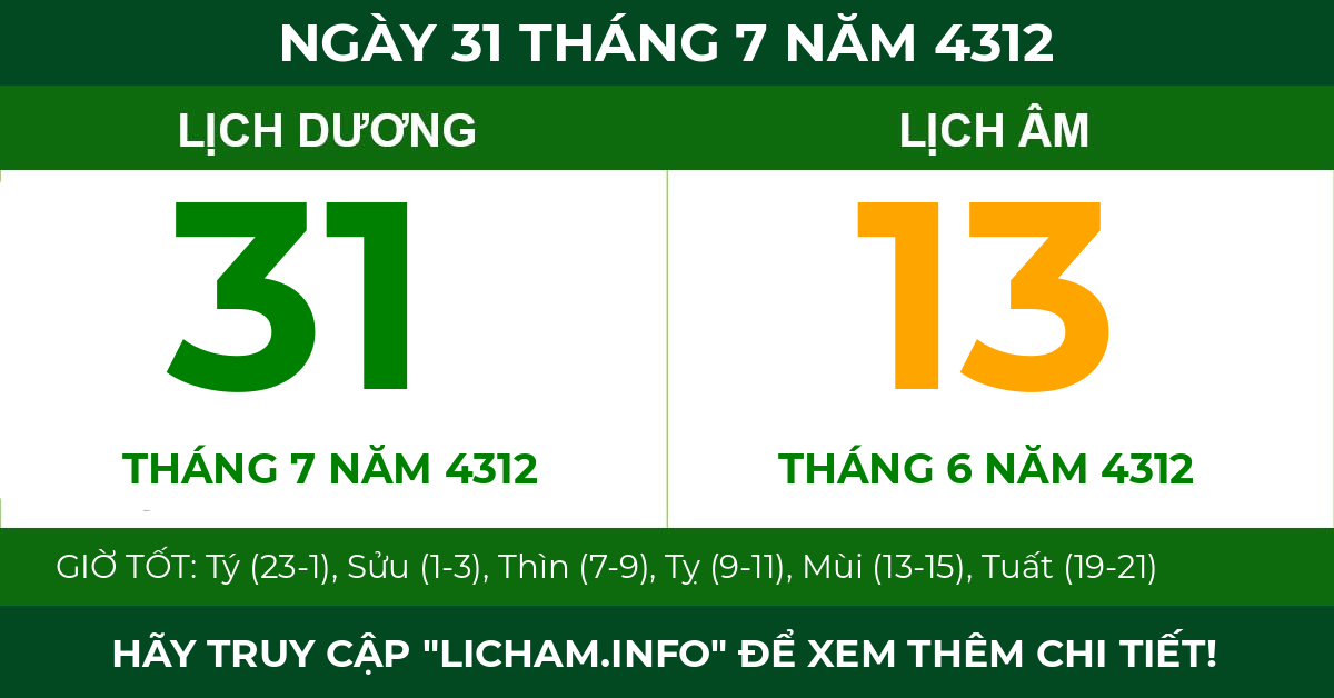 lịch âm ngày 31 tháng 7 năm 4312