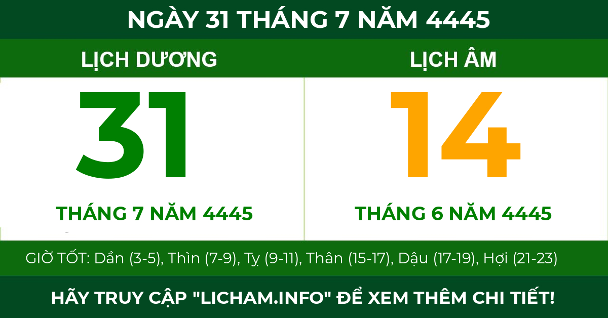 lịch âm ngày 31 tháng 7 năm 4445