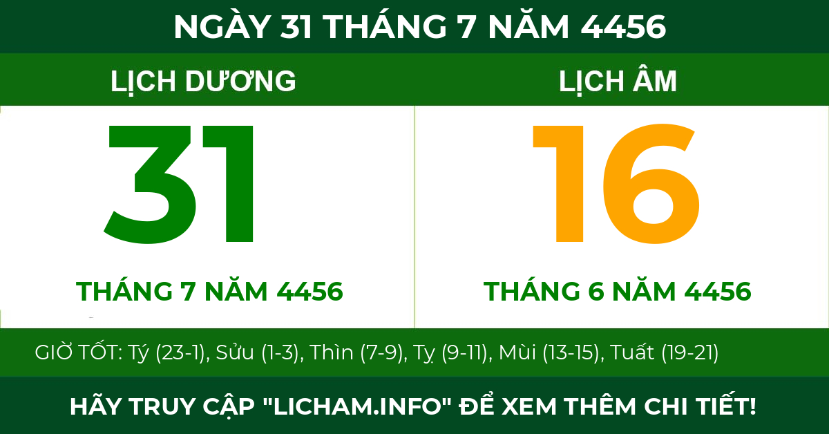 lịch âm ngày 31 tháng 7 năm 4456