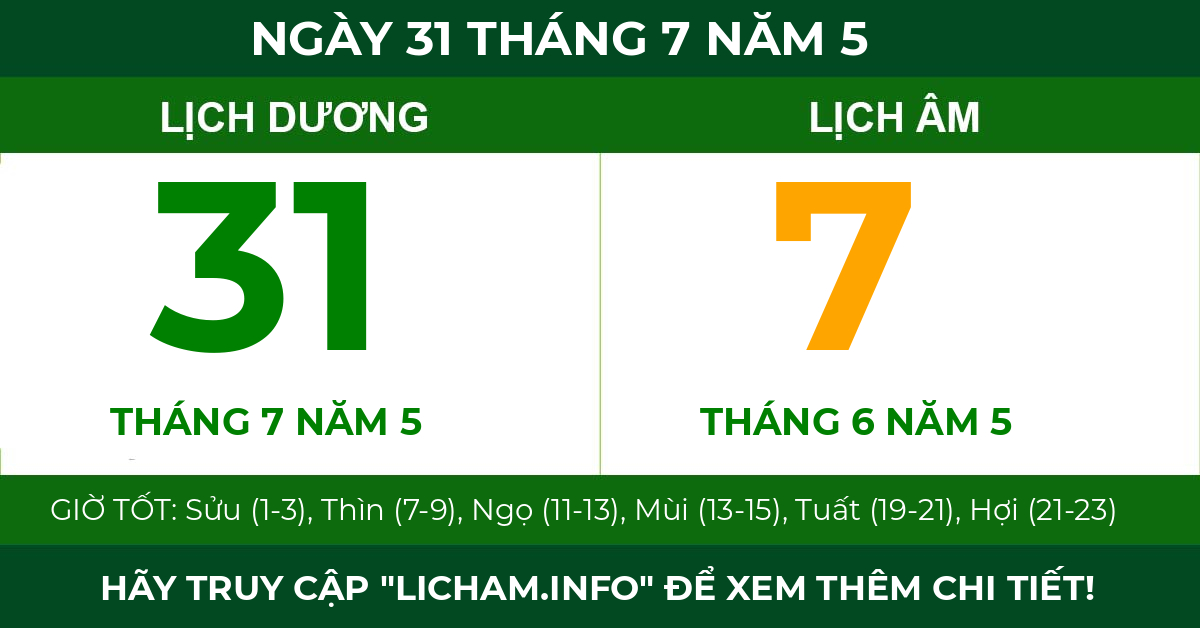 lịch âm ngày 31 tháng 7 năm 5