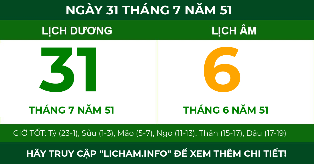 lịch âm ngày 31 tháng 7 năm 51