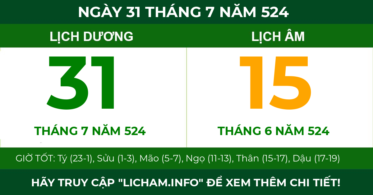 lịch âm ngày 31 tháng 7 năm 524
