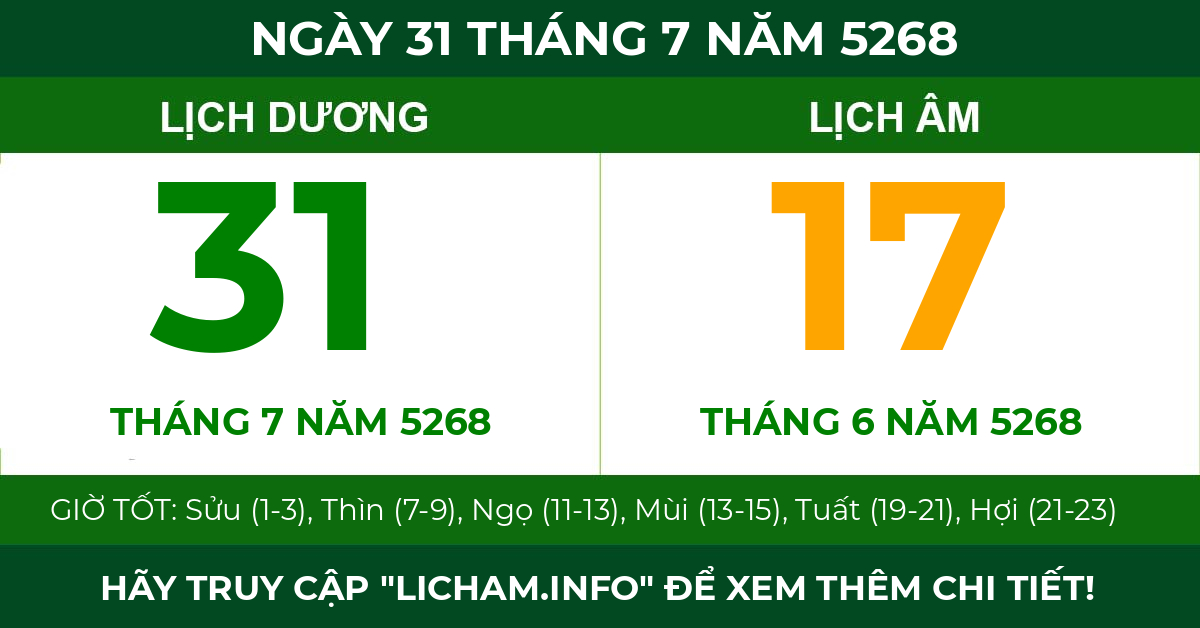 lịch âm ngày 31 tháng 7 năm 5268
