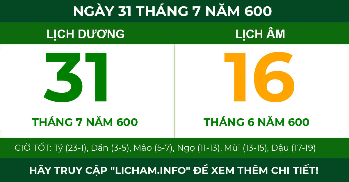 lịch âm ngày 31 tháng 7 năm 600