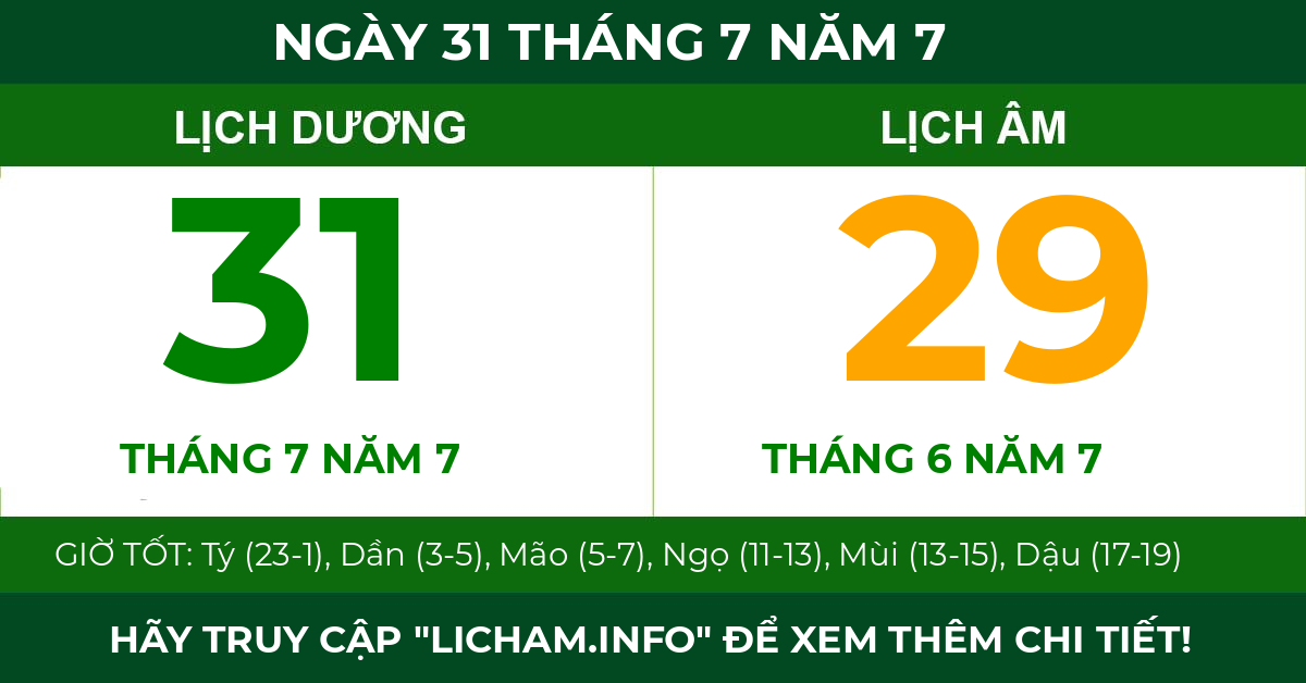 lịch âm ngày 31 tháng 7 năm 7