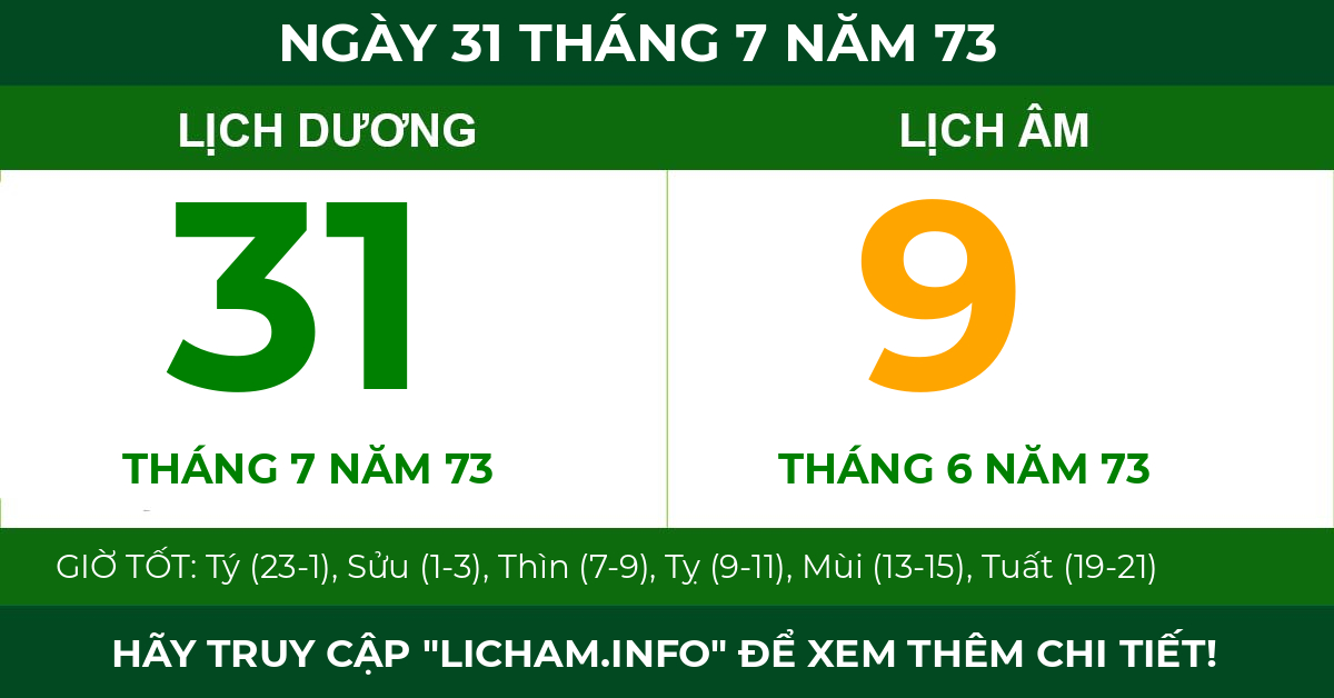 lịch âm ngày 31 tháng 7 năm 73
