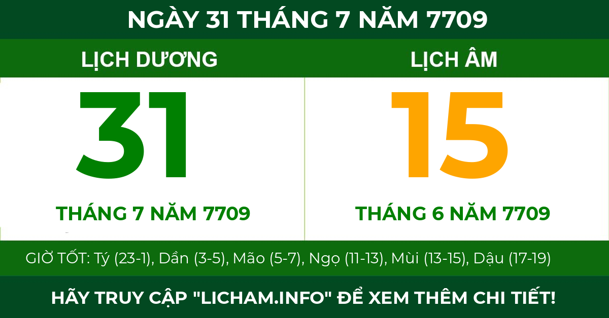 lịch âm ngày 31 tháng 7 năm 7709