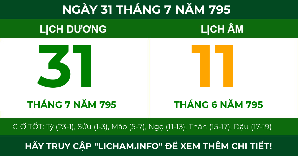 lịch âm ngày 31 tháng 7 năm 795