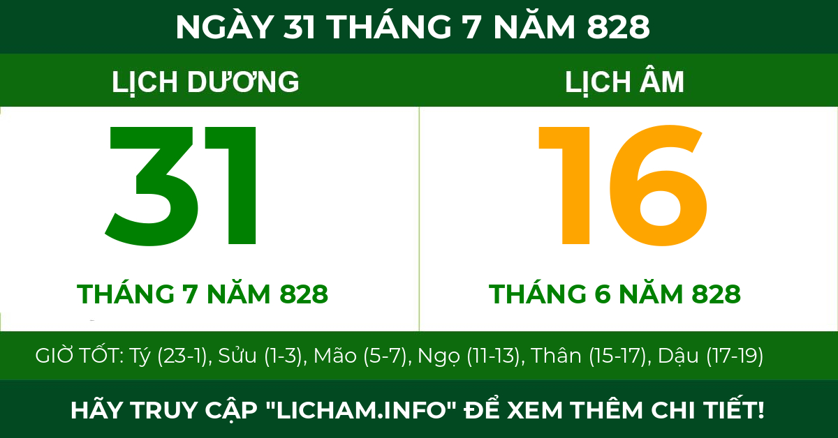 lịch âm ngày 31 tháng 7 năm 828