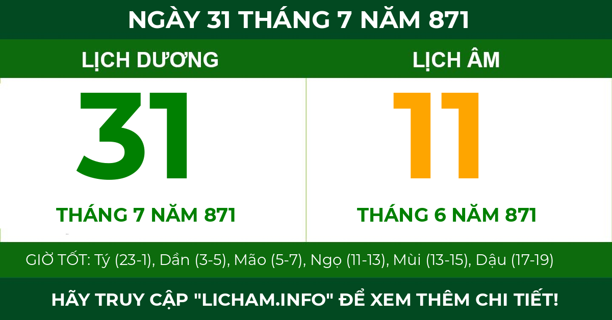 lịch âm ngày 31 tháng 7 năm 871