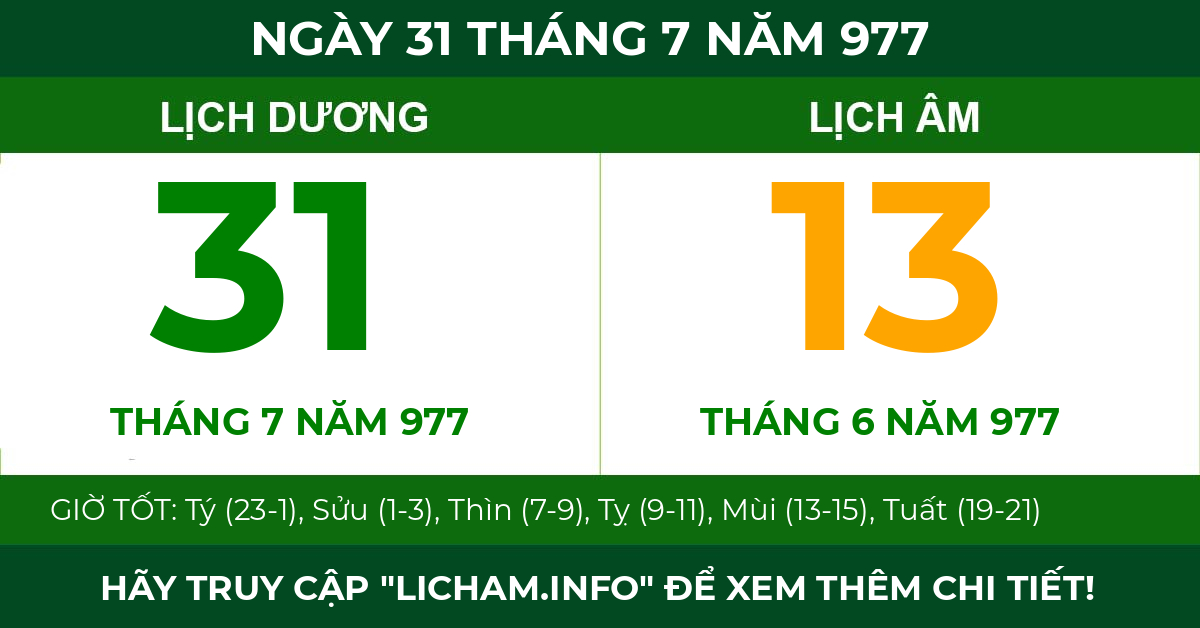 lịch âm ngày 31 tháng 7 năm 977