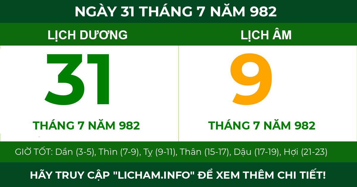 lịch âm ngày 31 tháng 7 năm 982