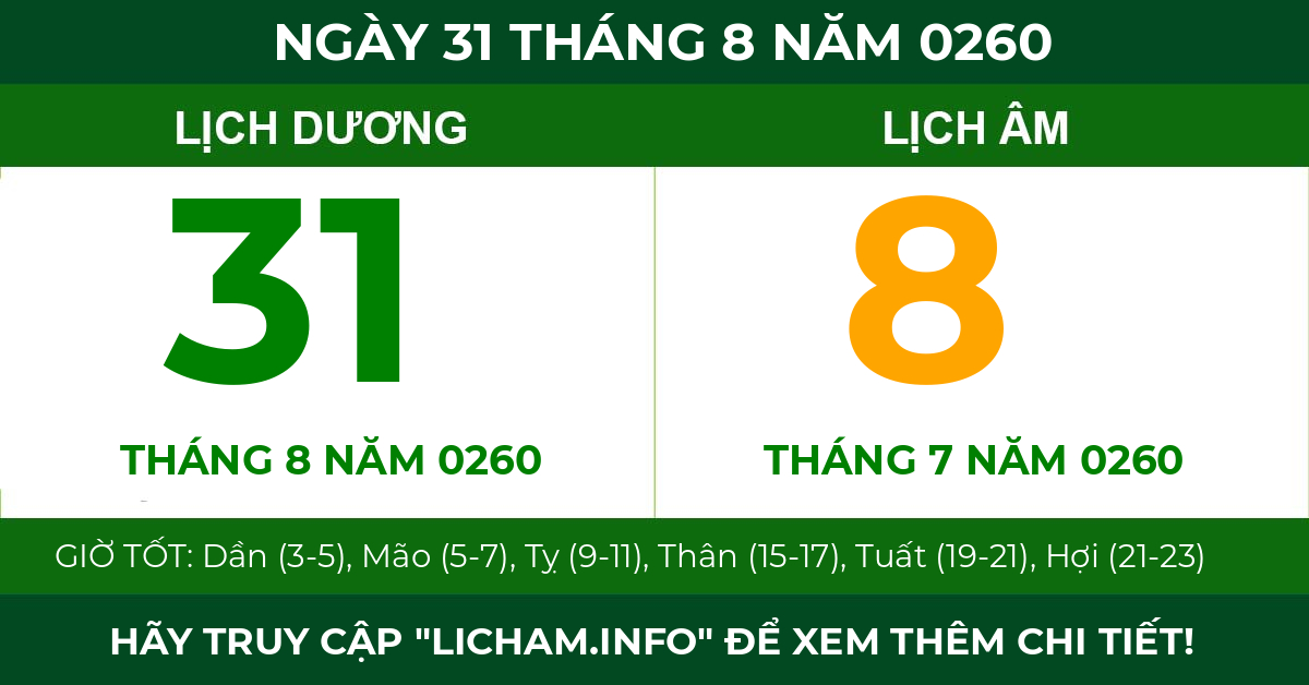 lịch âm ngày 31 tháng 8 năm 0260