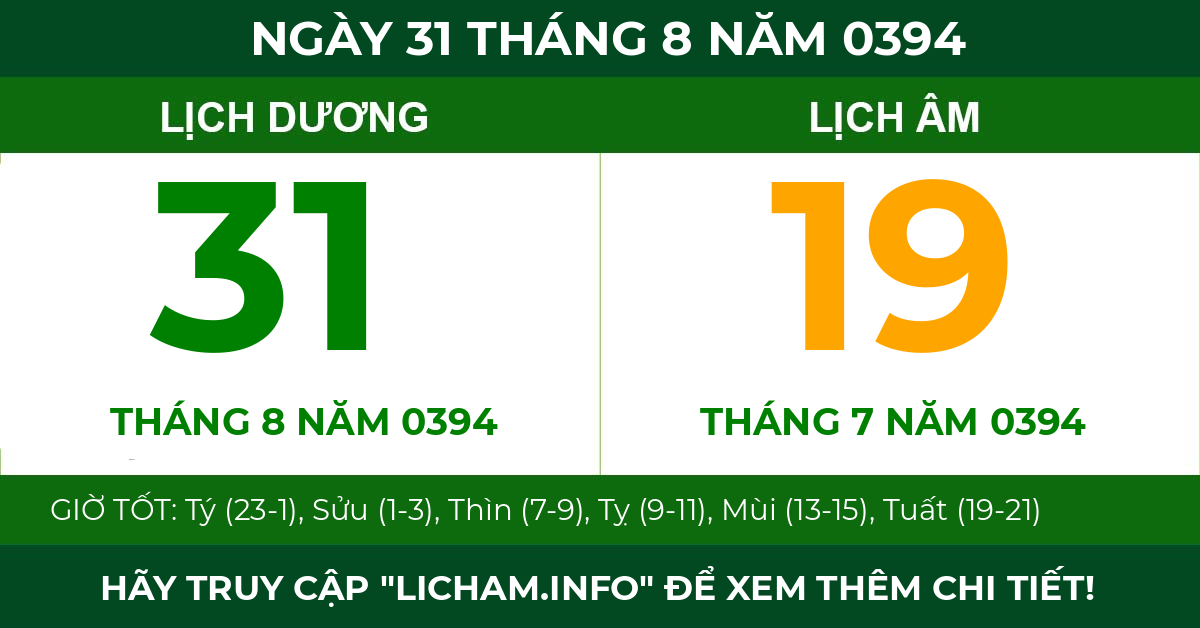 lịch âm ngày 31 tháng 8 năm 0394