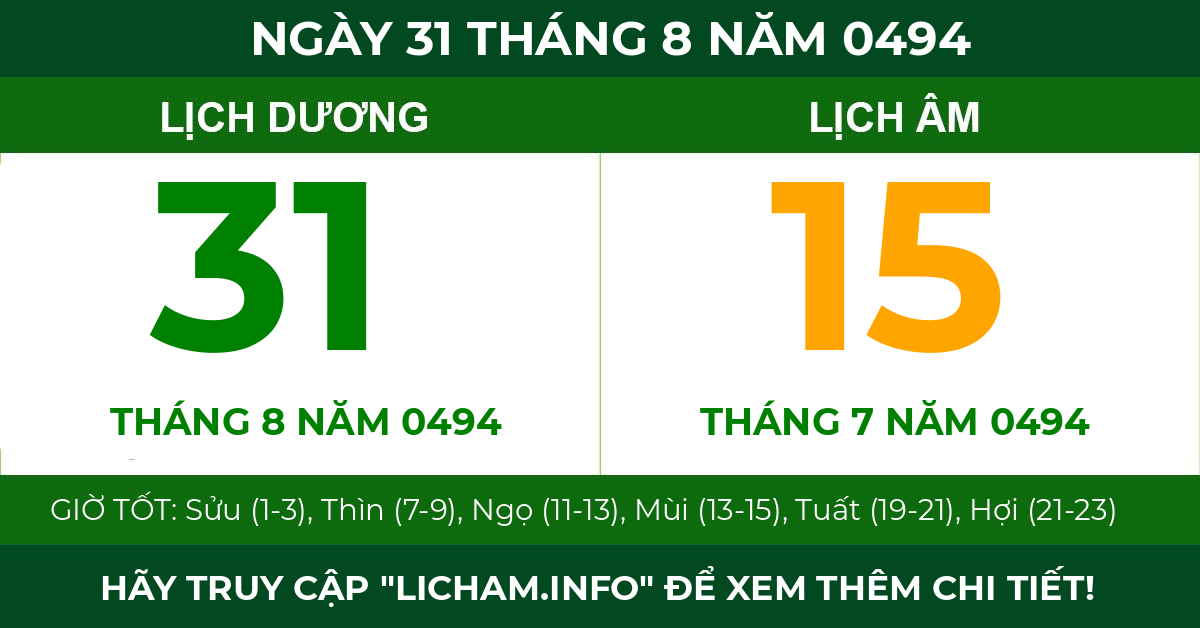lịch âm ngày 31 tháng 8 năm 0494
