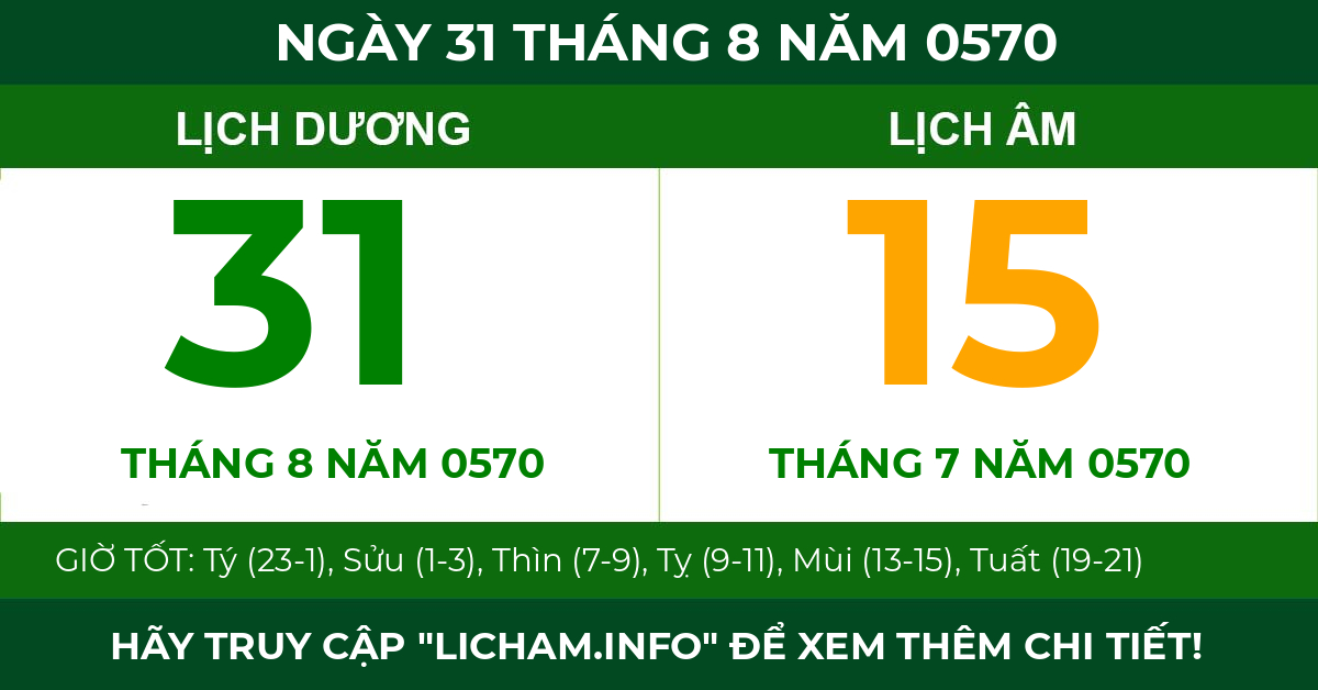 lịch âm ngày 31 tháng 8 năm 0570