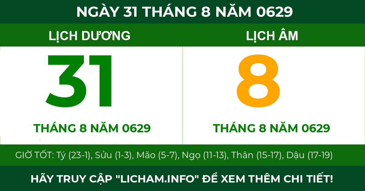 lịch âm ngày 31 tháng 8 năm 0629