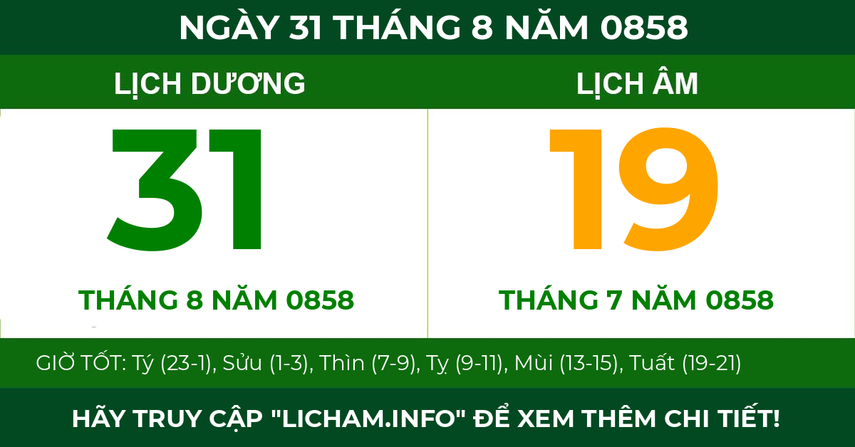 lịch âm ngày 31 tháng 8 năm 0858