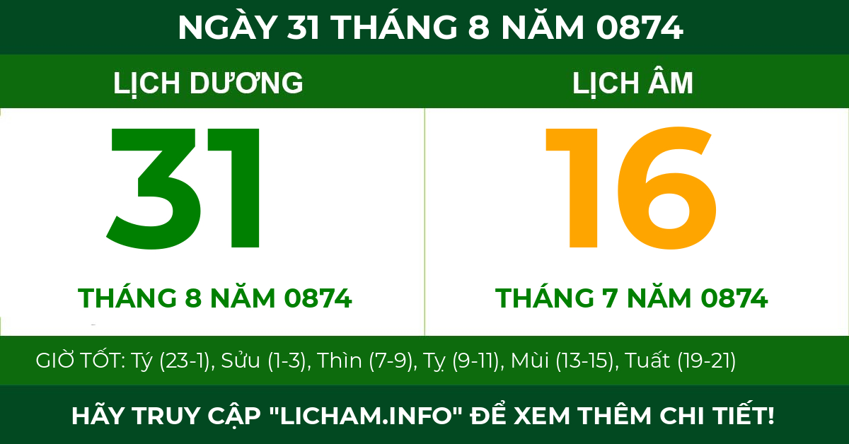 lịch âm ngày 31 tháng 8 năm 0874