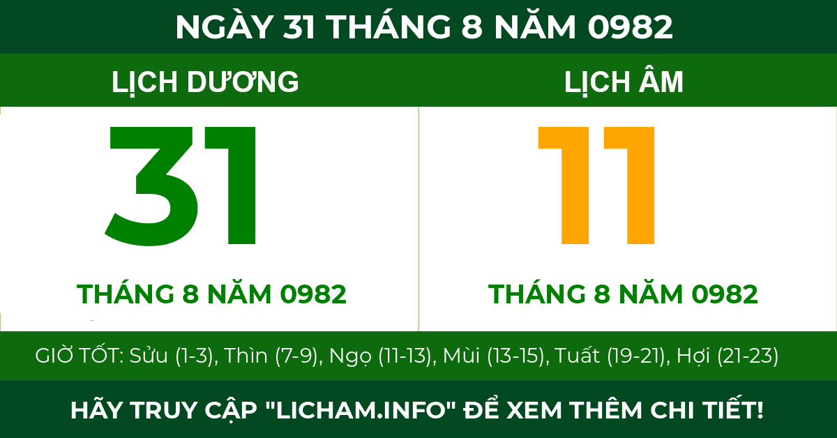 lịch âm ngày 31 tháng 8 năm 0982