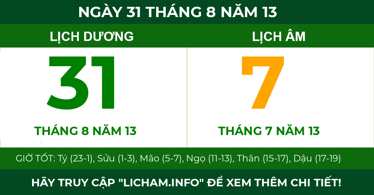 lịch âm ngày 31 tháng 8 năm 13