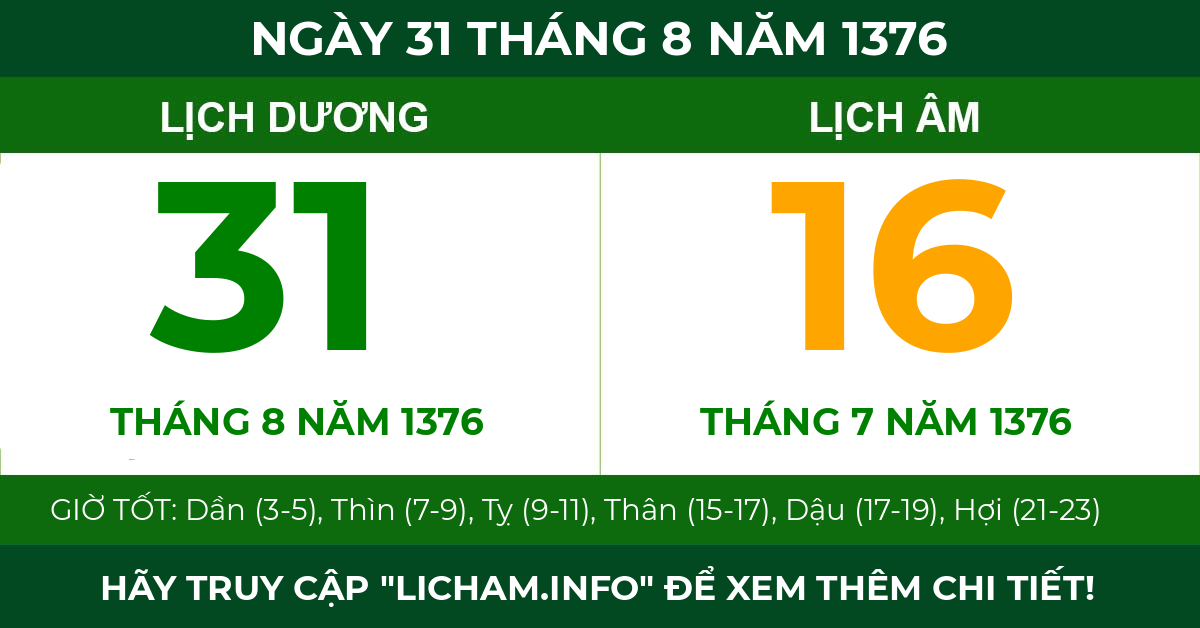 lịch âm ngày 31 tháng 8 năm 1376