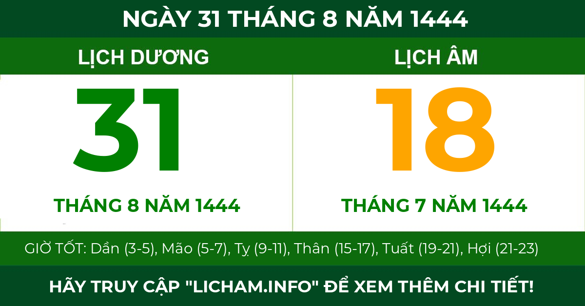 lịch âm ngày 31 tháng 8 năm 1444