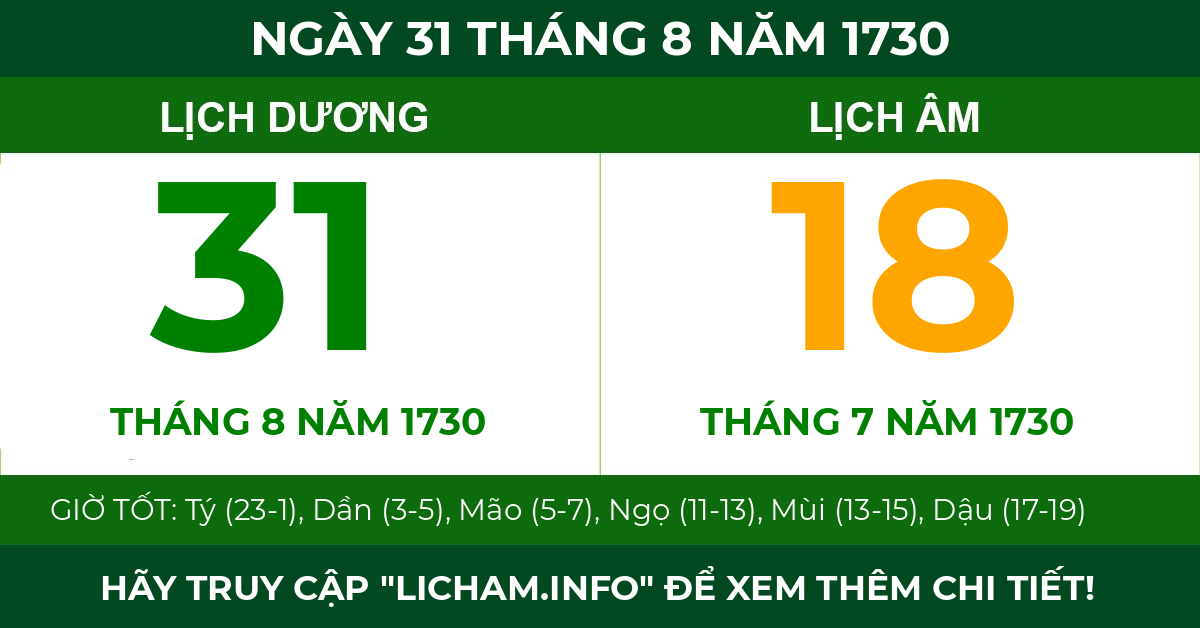 lịch âm ngày 31 tháng 8 năm 1730